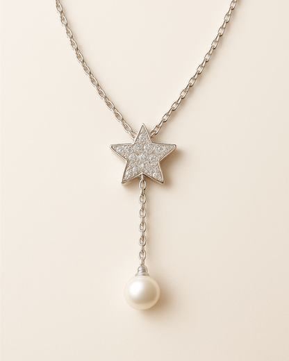 Silver Star & Pearl Drop Necklace