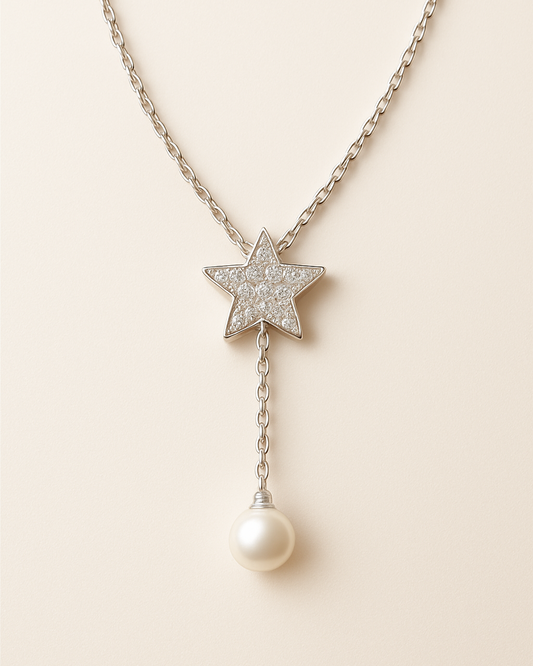 Silver Star & Pearl Drop Necklace