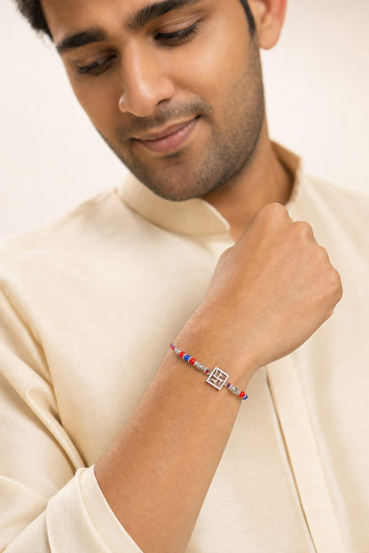 925 Sterling Silver Swastika Rakhi Bracelet with Beads - ARU-RAK-0002_model