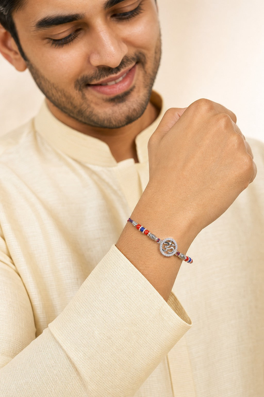 925 Sterling Silver Om Symbol Rakhi Bracelet with CZ Halo - ARU-RAK-0007_model