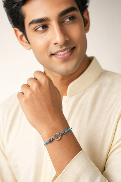 BRO Sterling Silver Rakhi Bracelet with Blue Beads - ARU-RAK-0014_model