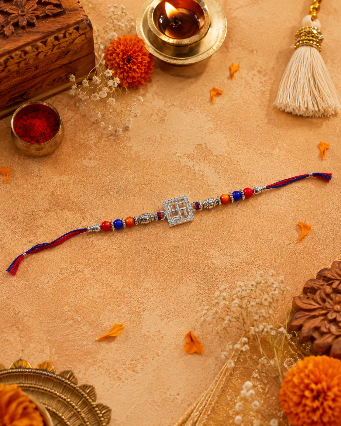 925 sterling silver Swastika Rakhi bracelet with beads