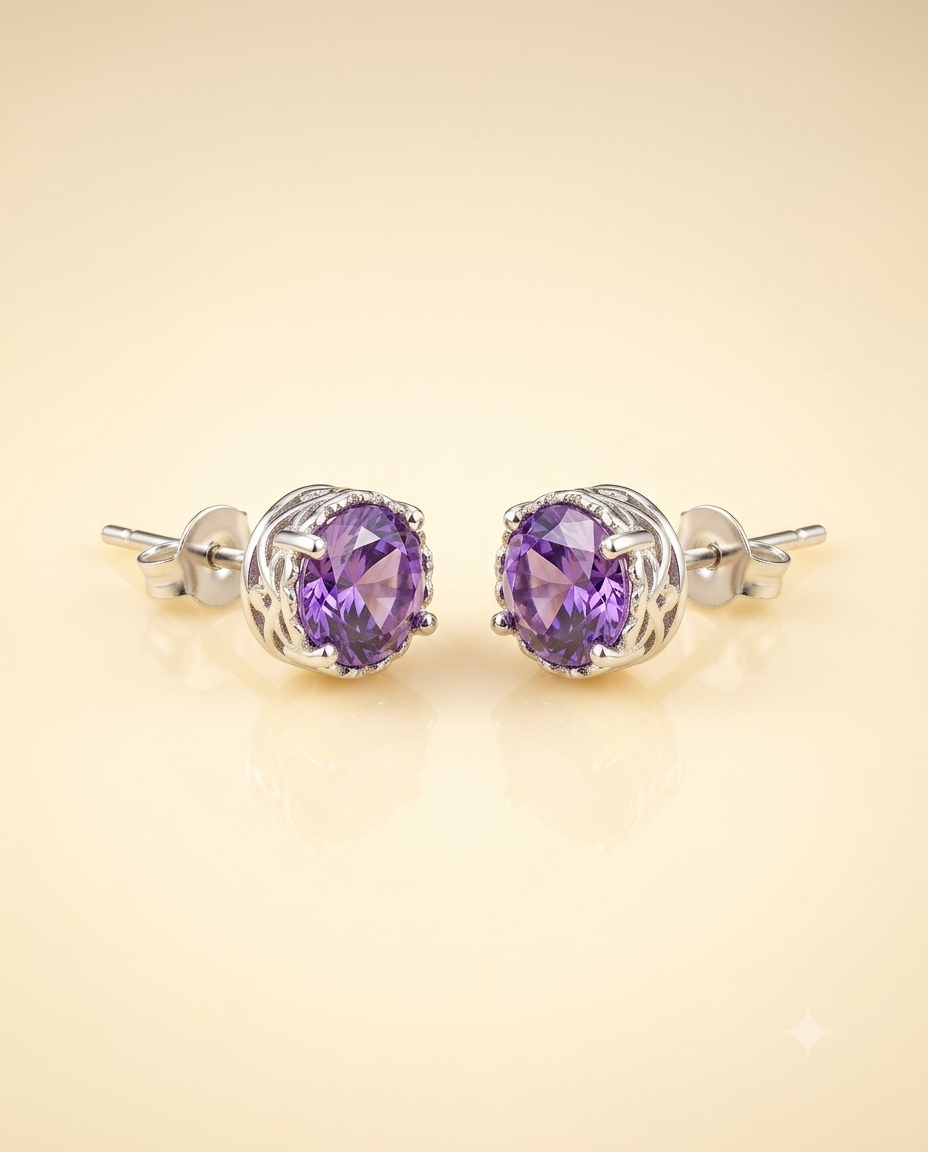 Amethyst Purple Round Stud Earrings