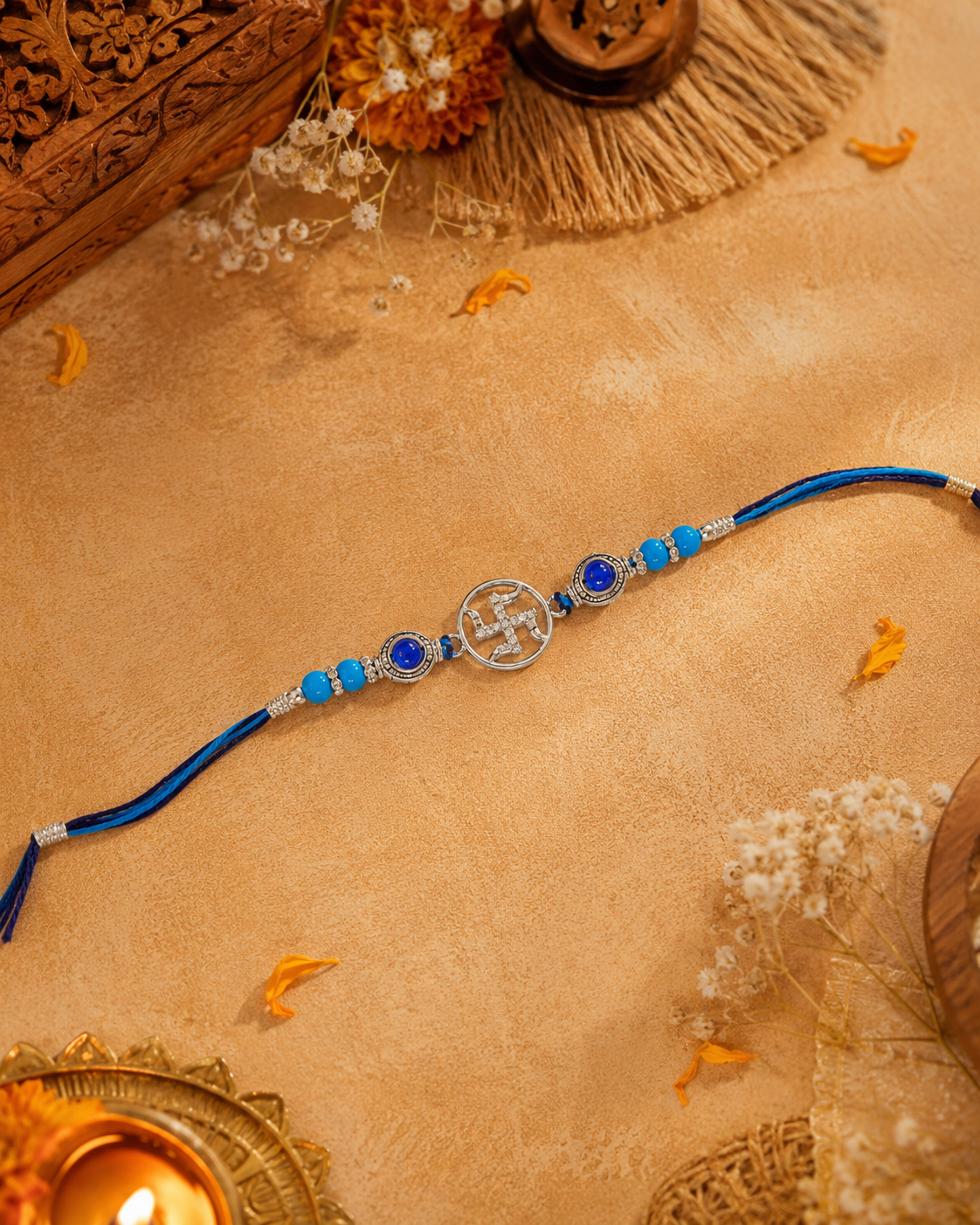 925 sterling silver Swastik Rakhi with CZ pave and beaded dori