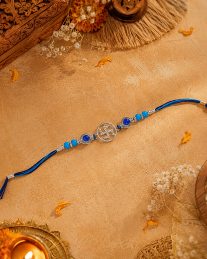 925 sterling silver Swastik Rakhi with CZ pave and beaded dori