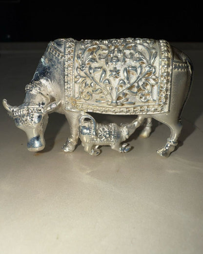 Pure 99% Silver Kamdhenu Cow and Calf Idol – Sacred Vastu Figurine for Home, Office & Gifting