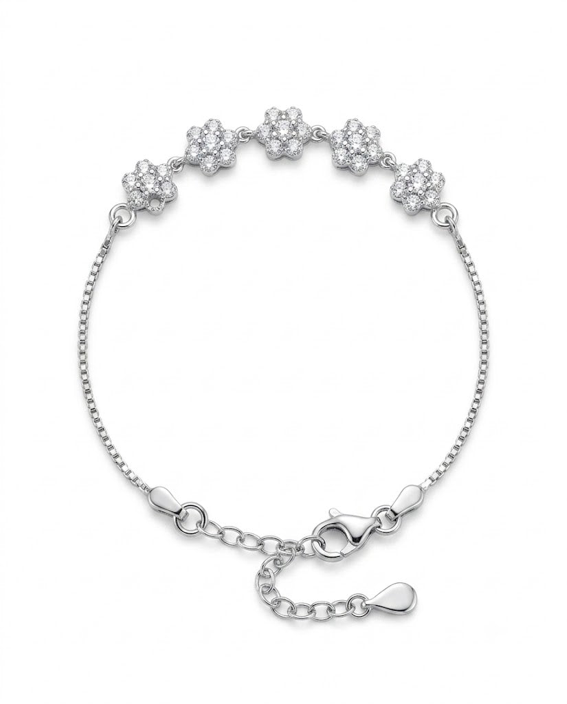 Five Flower Pavé CZ Sterling Silver Bracelet