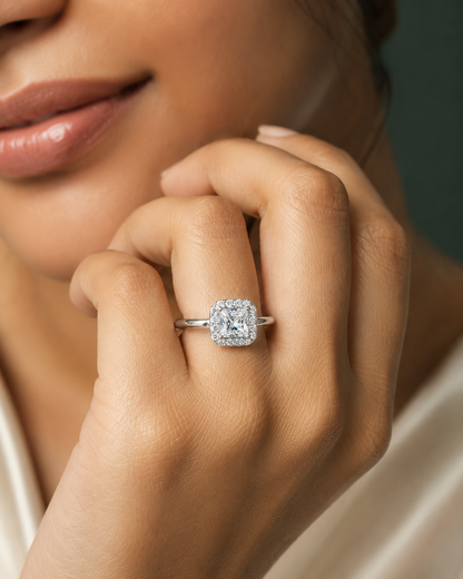 Princess Cut Halo Solitaire Adjustable Ring for Women | CZ Engagement Promise Ring