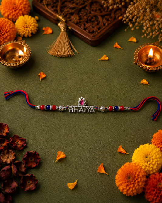 925 Sterling Silver 'BHAIYA' Lotus Stone Rakhi