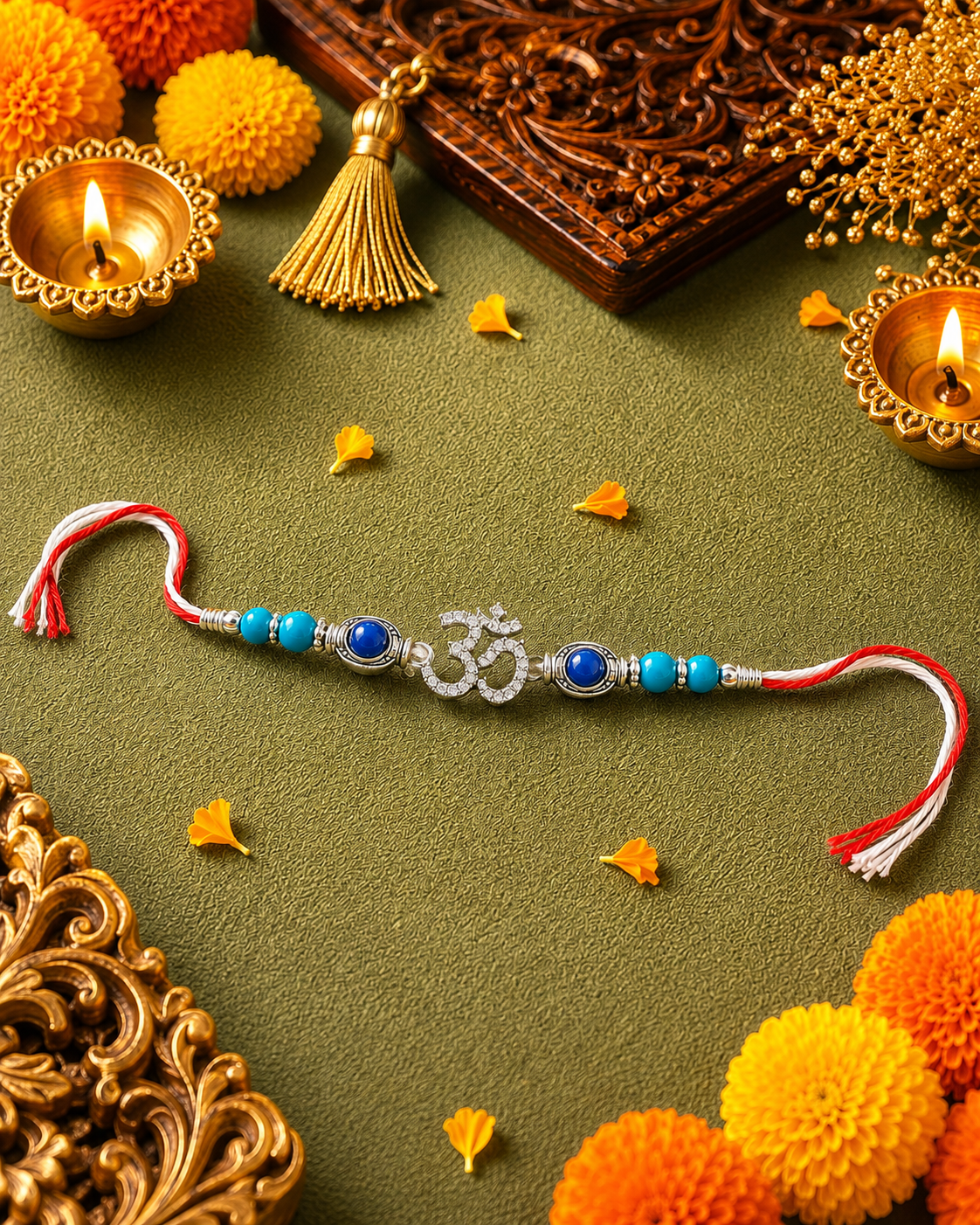925 Sterling Silver Om Symbol Rakhi | CZ Pavé Om Charm Rakhi for Brother