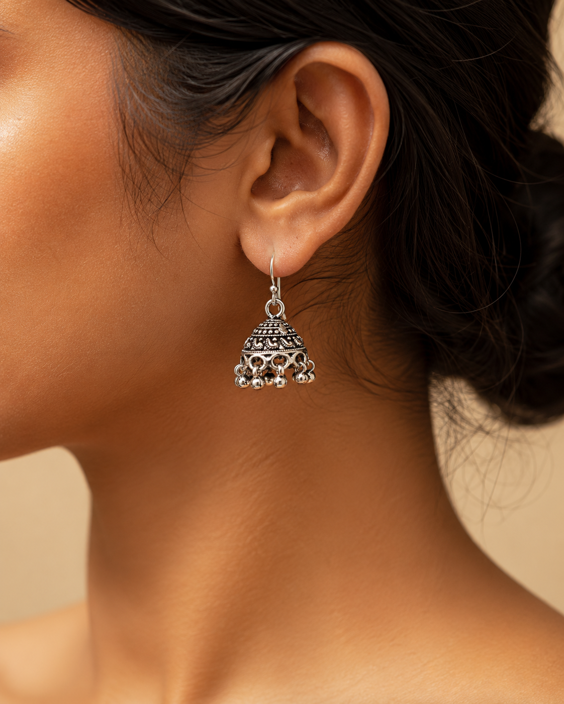 Engraved Dome Jhumkas with Hanging Bead Clusters