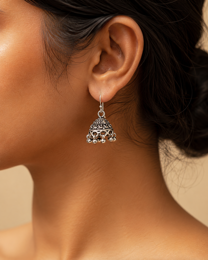 Engraved Dome Jhumkas with Hanging Bead Clusters