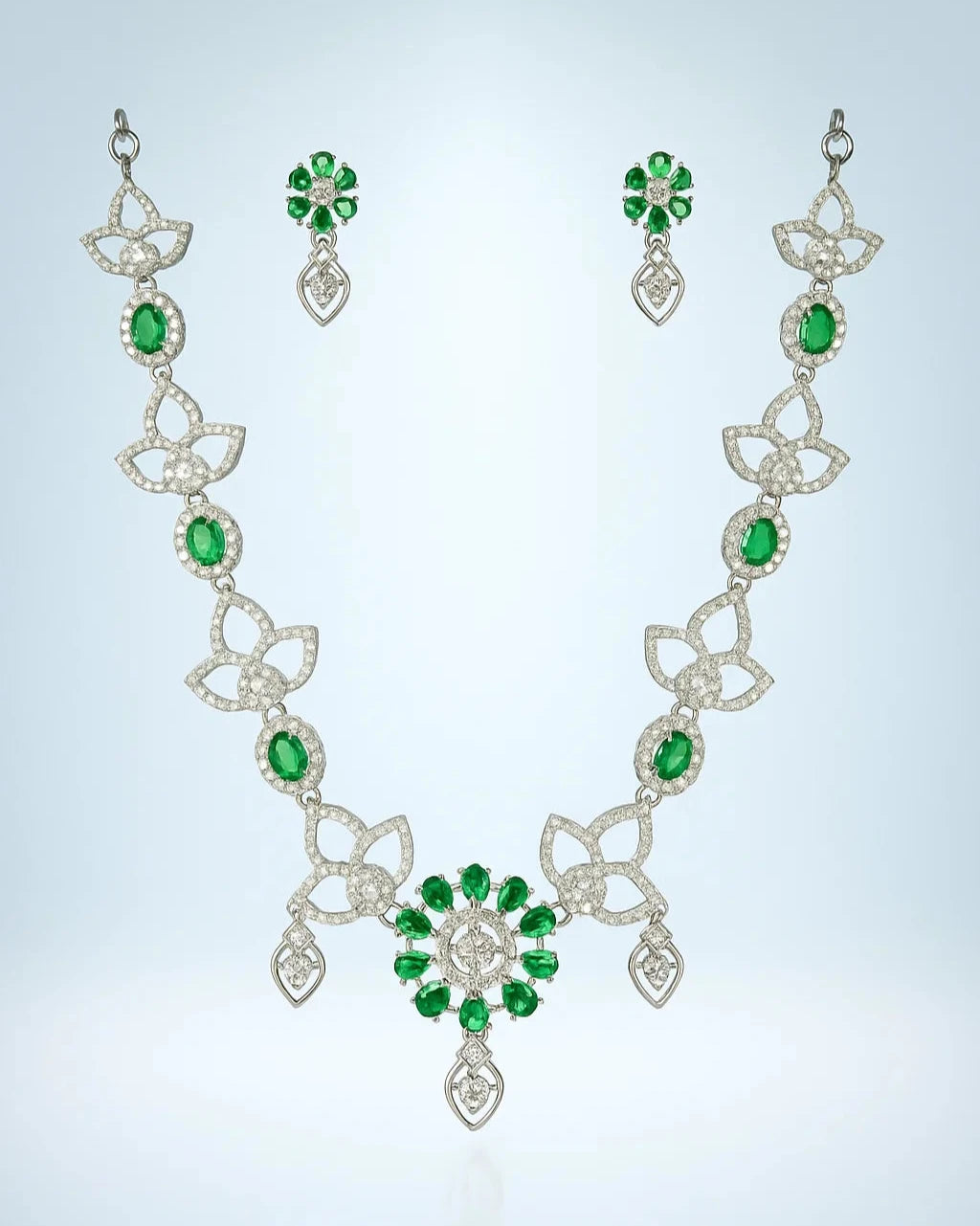 Majestic Emerald Green & Diamond Floral Necklace Set