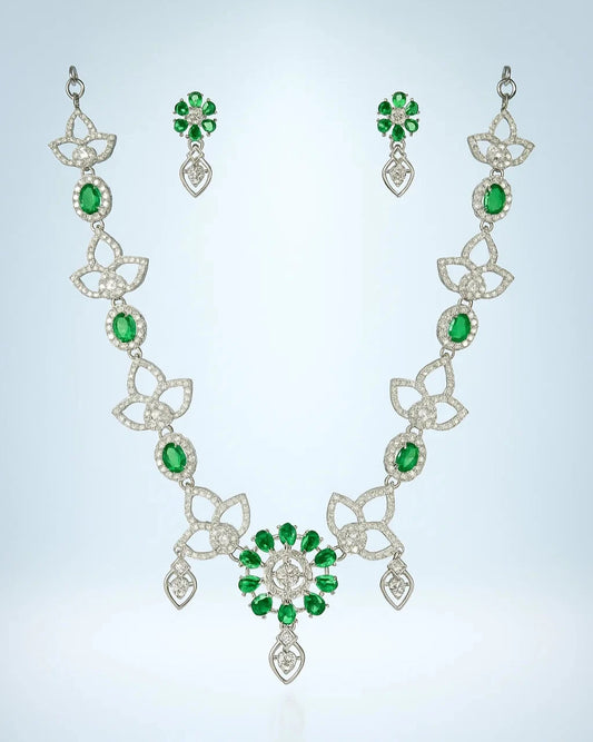Majestic Emerald Green & Diamond Floral Necklace Set