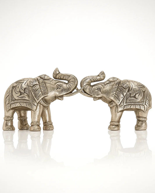 Antique Silver Elephant Pair with Traditional Engraving
