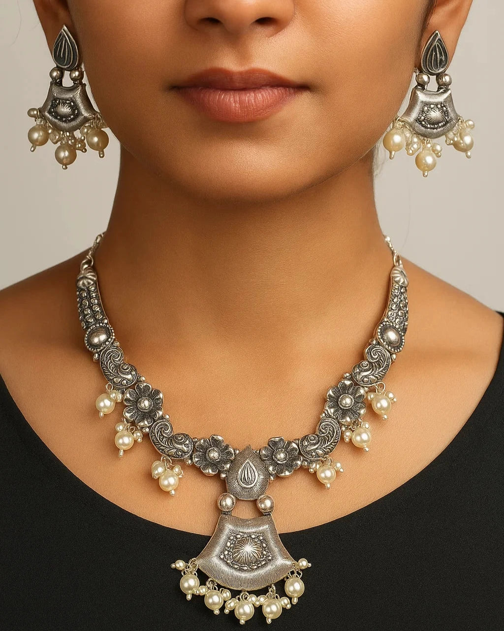 Heritage Bloom Oxidised Necklace Set