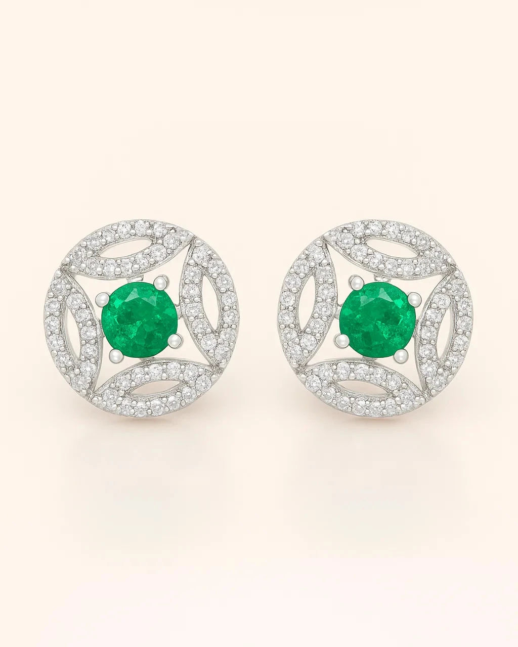 Silver Emerald Green Round Stud Earrings