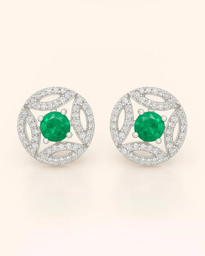 Silver Emerald Green Round Stud Earrings