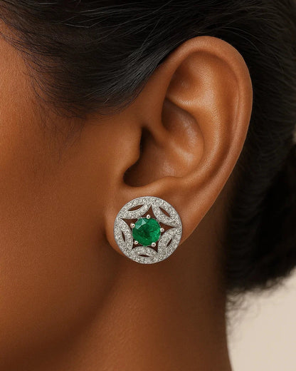 Silver Emerald Green Round Stud Earrings
