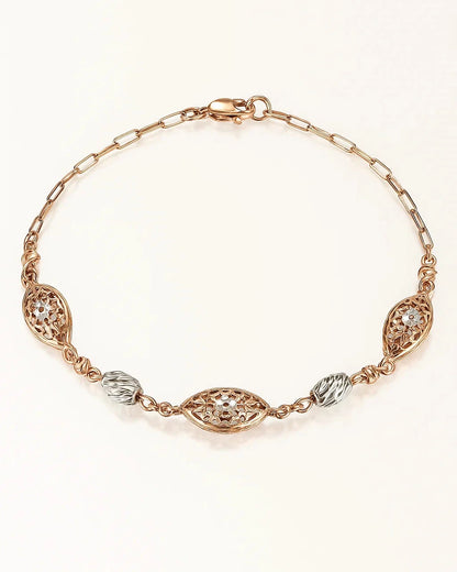 Rose Gold Textured Link Bracelet with Filigree Charms