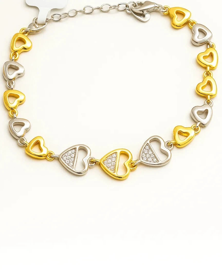 Dual-Tone Heart Charm Silver Bracelet