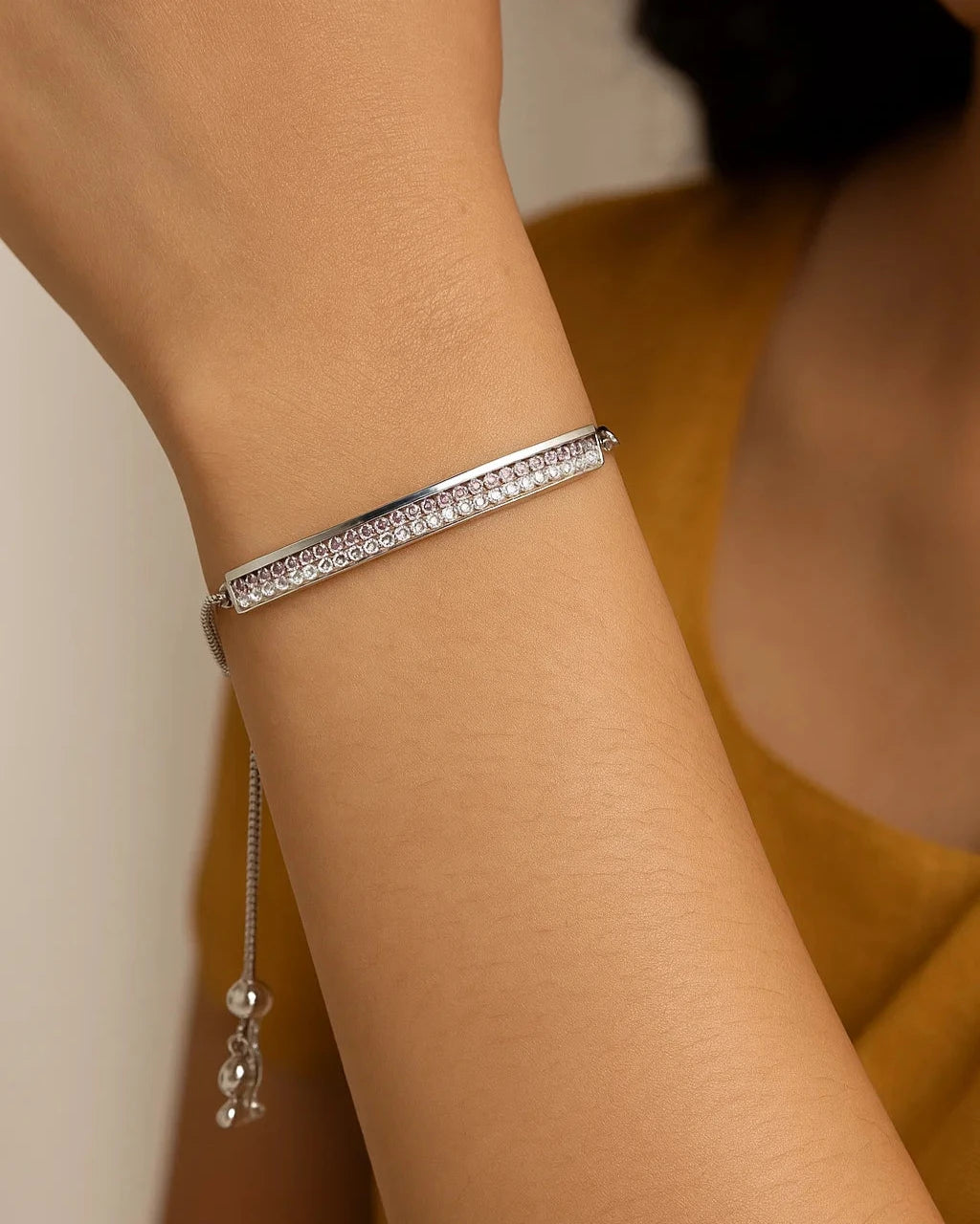 Sterling Silver Adjustable Bar Bracelet with CZ Accents
