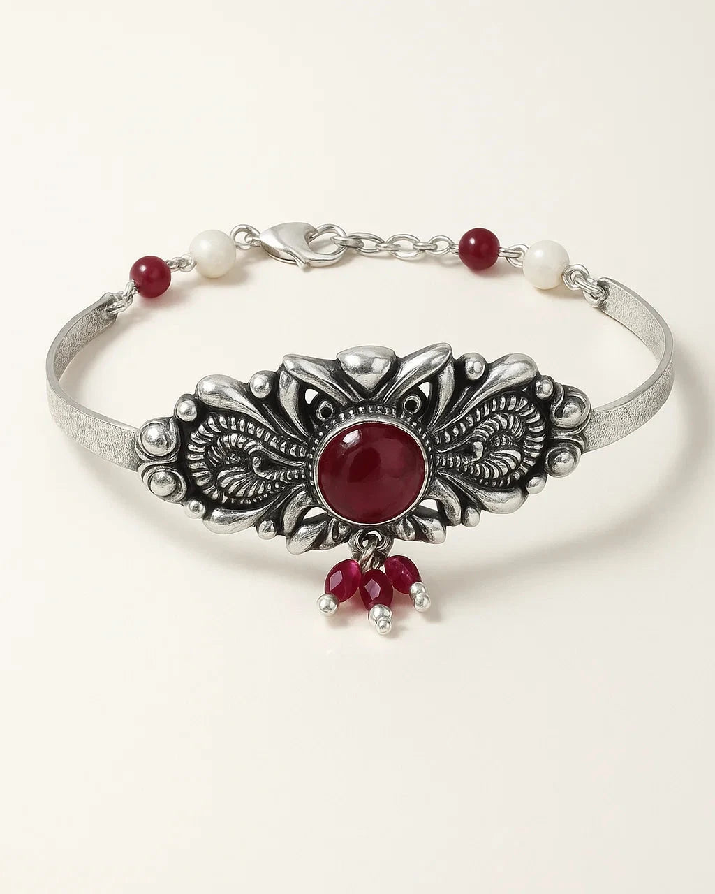 Oxidized Silver Tribal Cuff with Red Stone & Pearl Accents