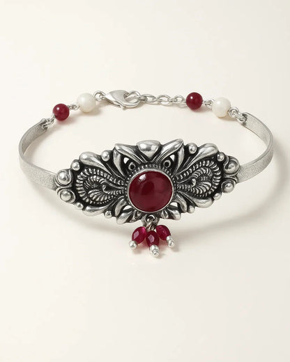 Oxidized Silver Tribal Cuff with Red Stone & Pearl Accents