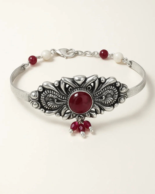 Oxidized Silver Tribal Cuff with Red Stone & Pearl Accents