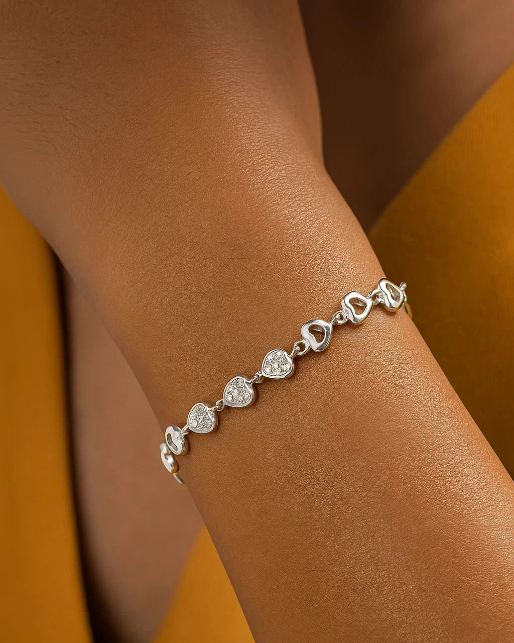 Sparkling Heart Link Sterling Silver Bracelet