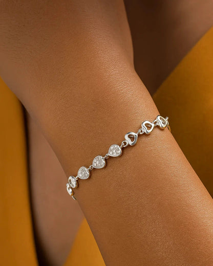 Sparkling Heart Link Sterling Silver Bracelet