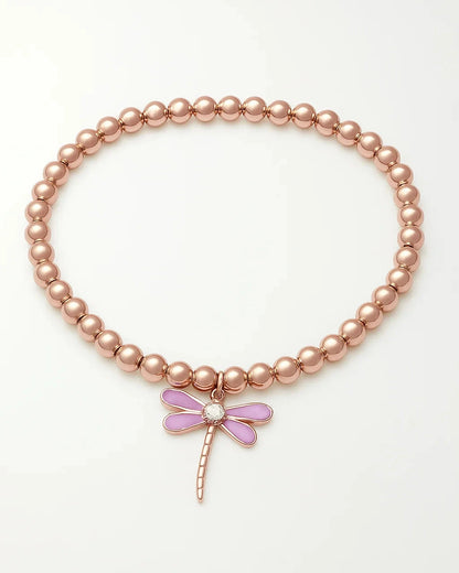 Rose Gold Beaded Bracelet with Lavender Dragonfly Charm