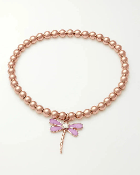 Rose Gold Beaded Bracelet with Lavender Dragonfly Charm