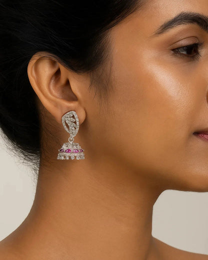 Radiant Ruby Pink & White Crystal Jhumka Earrings