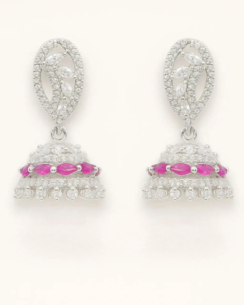 Radiant Ruby Pink & White Crystal Jhumka Earrings