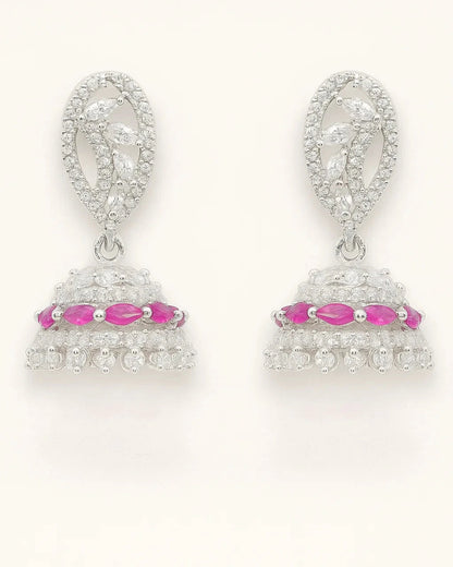 Radiant Ruby Pink & White Crystal Jhumka Earrings