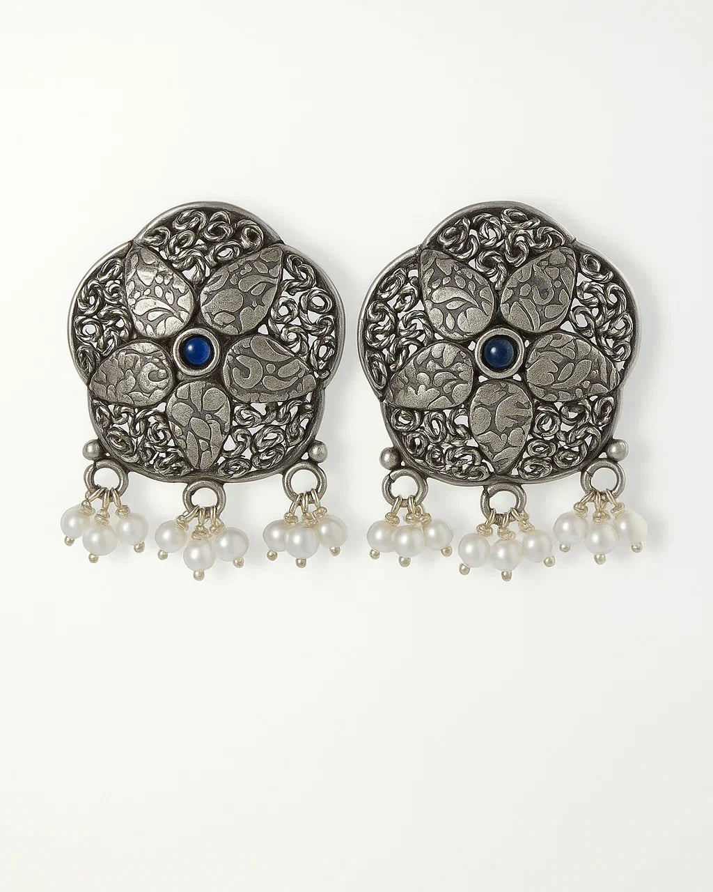 Silver Antique Floral Stud Earrings with Blue Stone & Pearl Drops