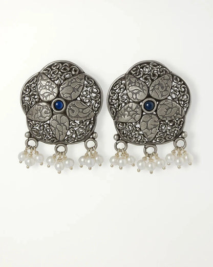 Silver Antique Floral Stud Earrings with Blue Stone & Pearl Drops