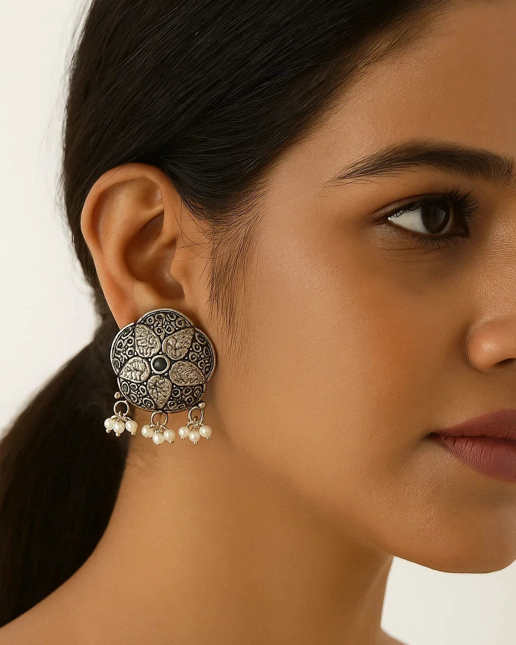 Silver Antique Floral Stud Earrings with Blue Stone & Pearl Drops