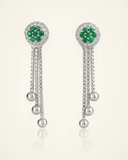 Silver Green Floral Stud Earrings with Chain Tassels