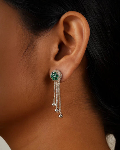 Silver Green Floral Stud Earrings with Chain Tassels