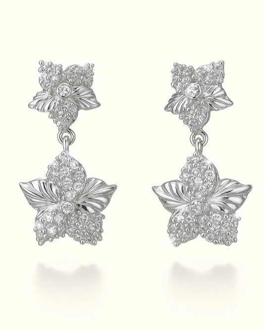 Silver Dual Bloom Floral Drop Earrings with CZ Accents