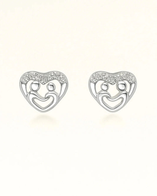 Silver Heart Stud Earrings with Mother-Child Motif