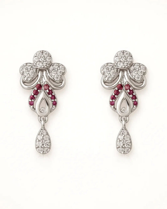 Floral & Ruby-Hued CZ Drop Earrings