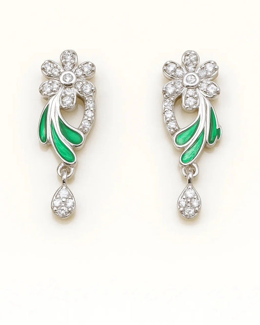 Enchanting Green Enamel & Diamond CZ Floral Earrings