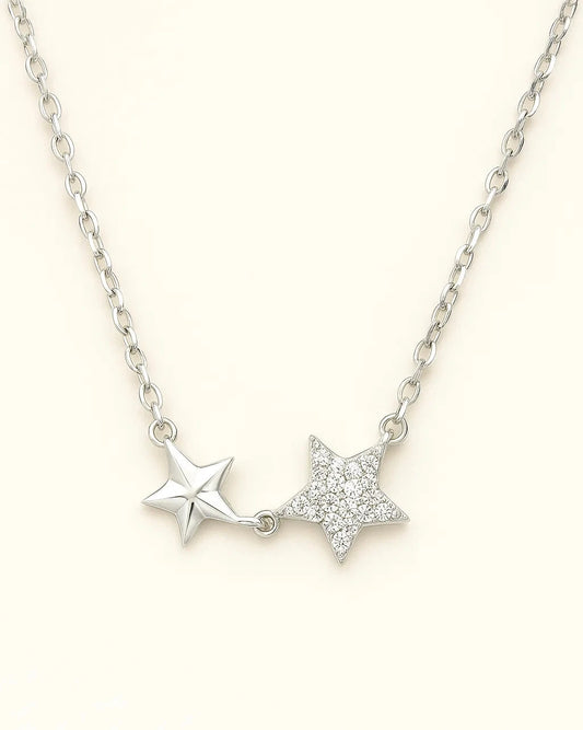 Silver Twin Star Necklace with CZ Sparkle