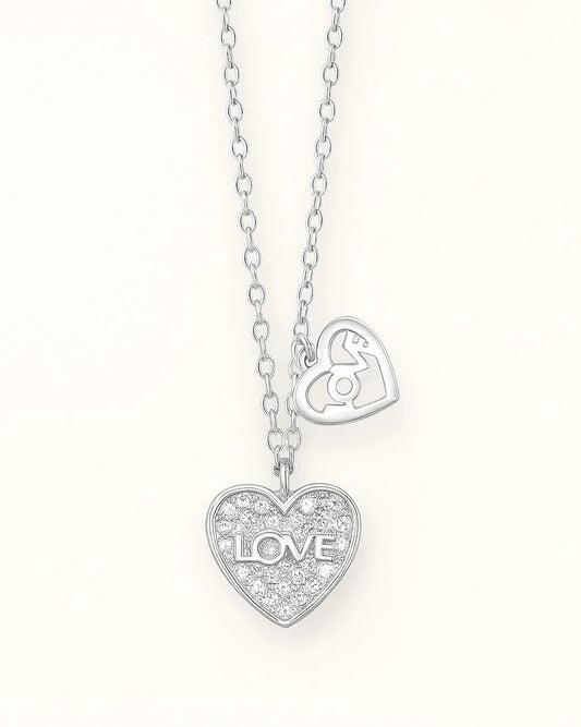 Silver Double Heart Pendant Necklace with LOVE Engraving
