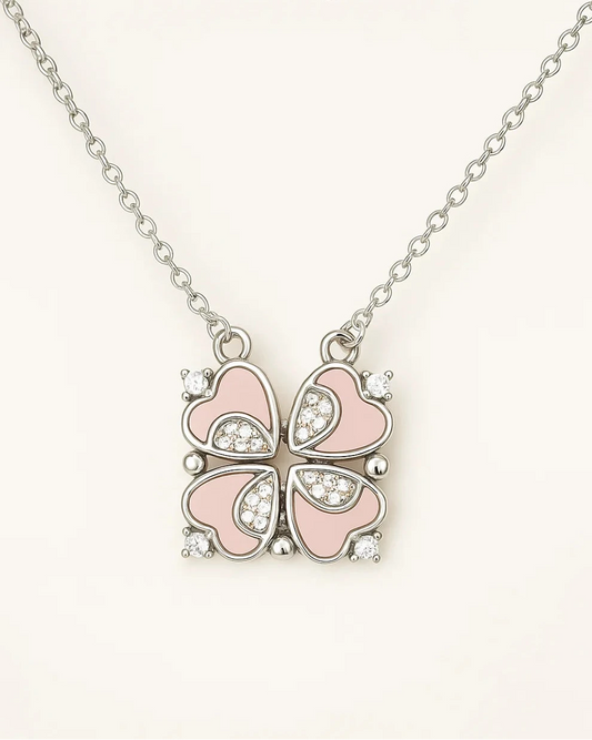 Magnetic Silver Pink Clover Heart Necklace