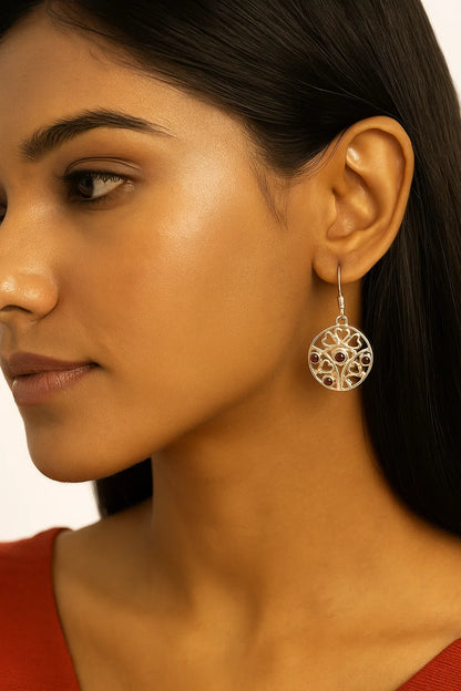 Heart Motif Silver Earrings with Red Stones