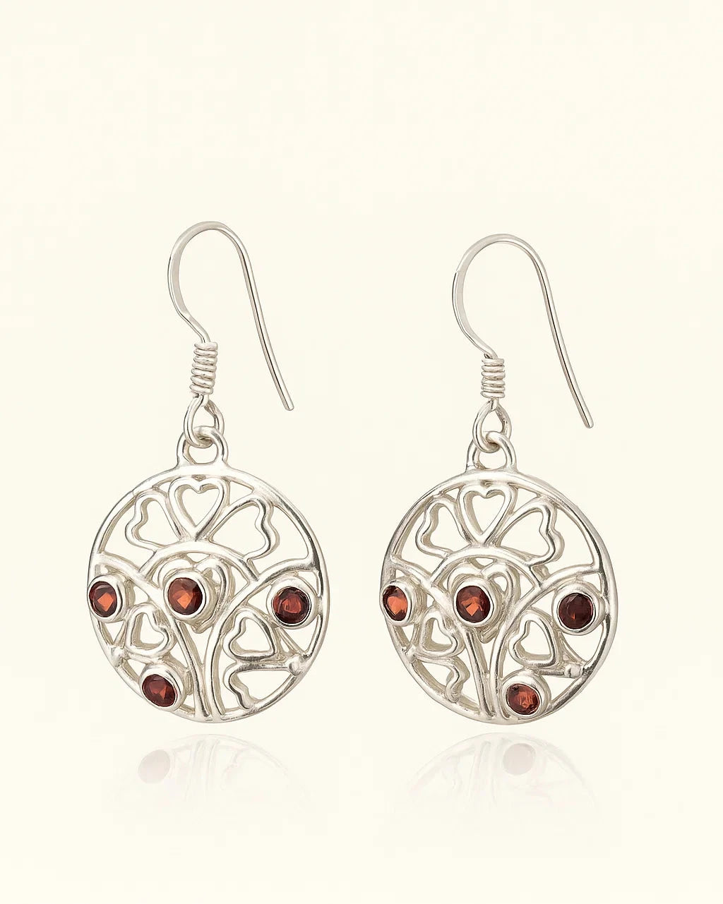 Heart Motif Silver Earrings with Red Stones